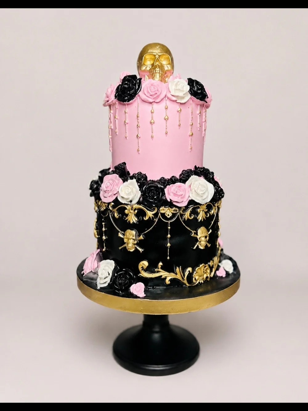 Pink and Black Gold Skull Decorative Cake Stand Accent